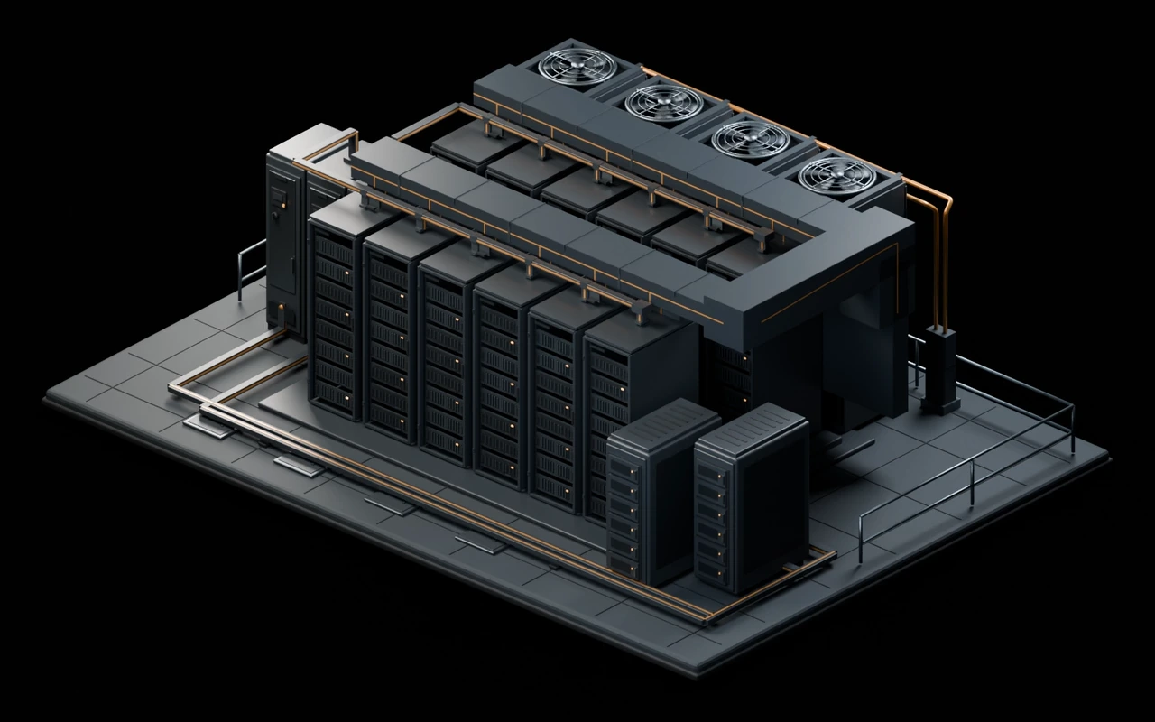 Synthetic data center facility with graphite server racks, cooling fans, electrical equipment and amber service routes.